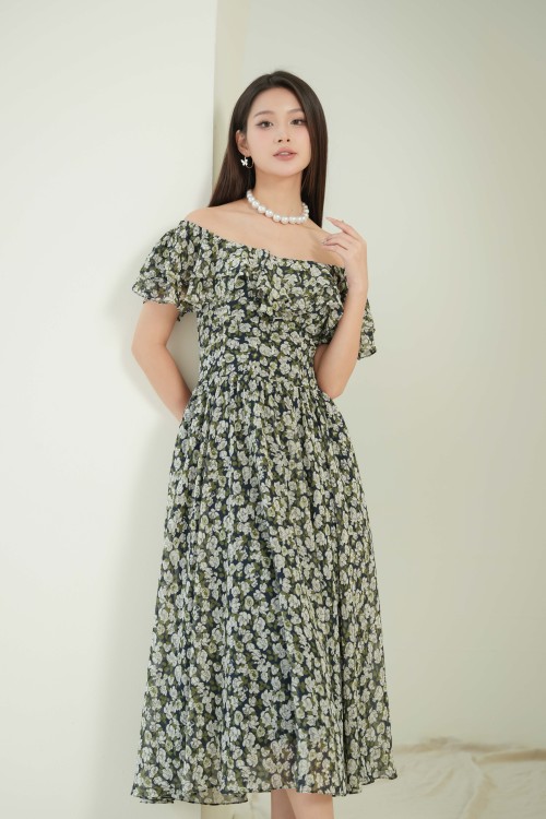 Sixdo G-Navy Floral Chiffon Flared Dress